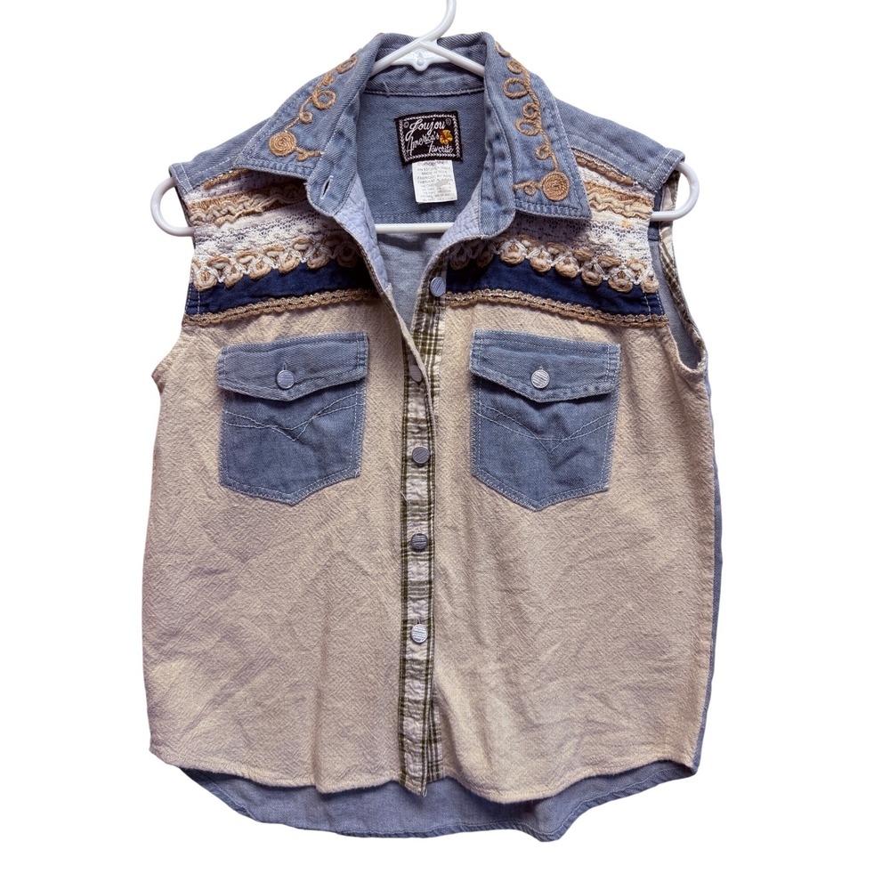 Joujou Vintage Mixed Media Sleeveless Button Up Vest Blue Beige Embroidered Boho